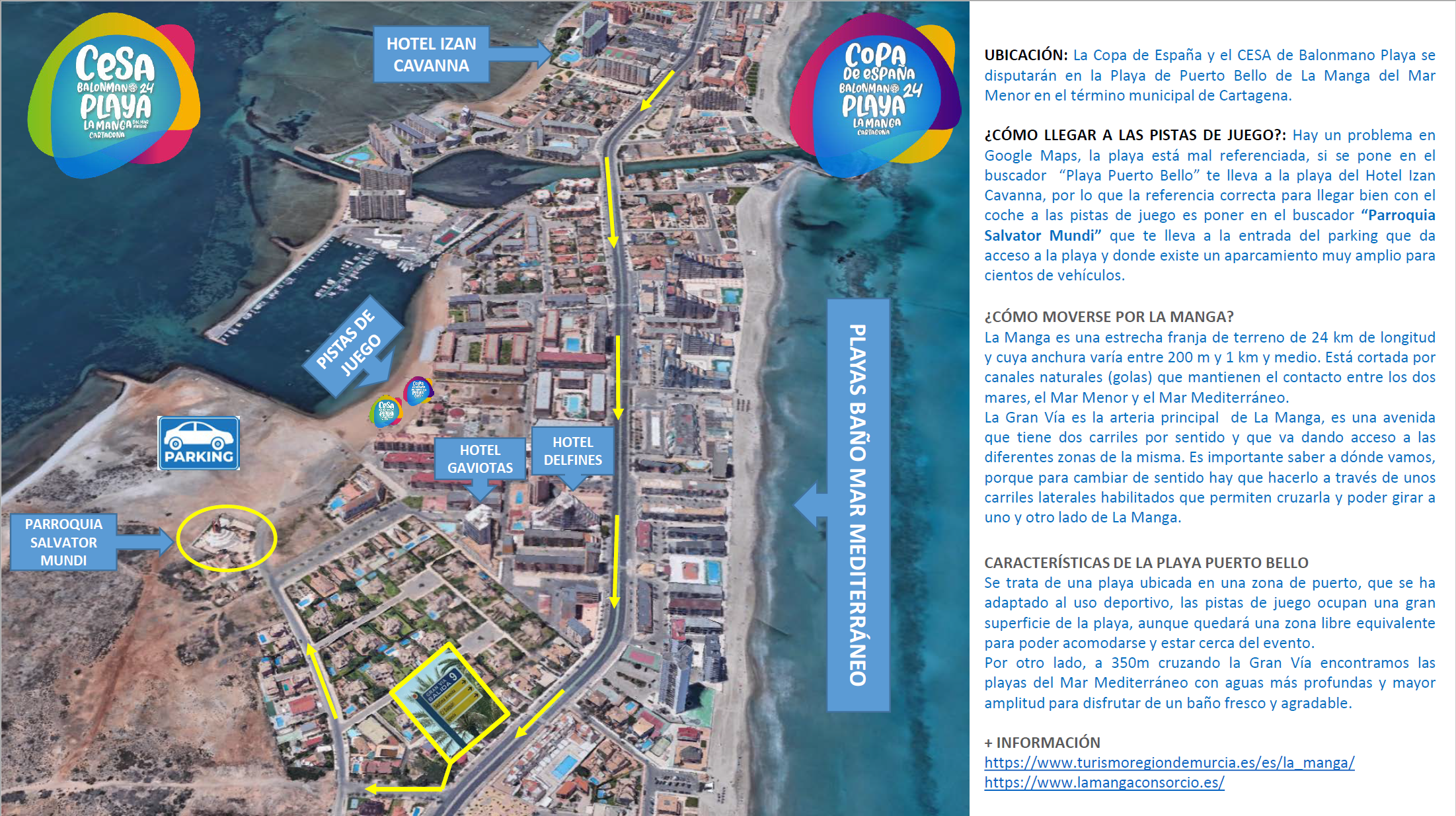 UBICACIÓN Y CÓMO LLEGAR A LAS PISTAS DE JUEGO DEL CESA DE BALONMANO PLAYA LA MANGA DEL MAR MENOR 2025.